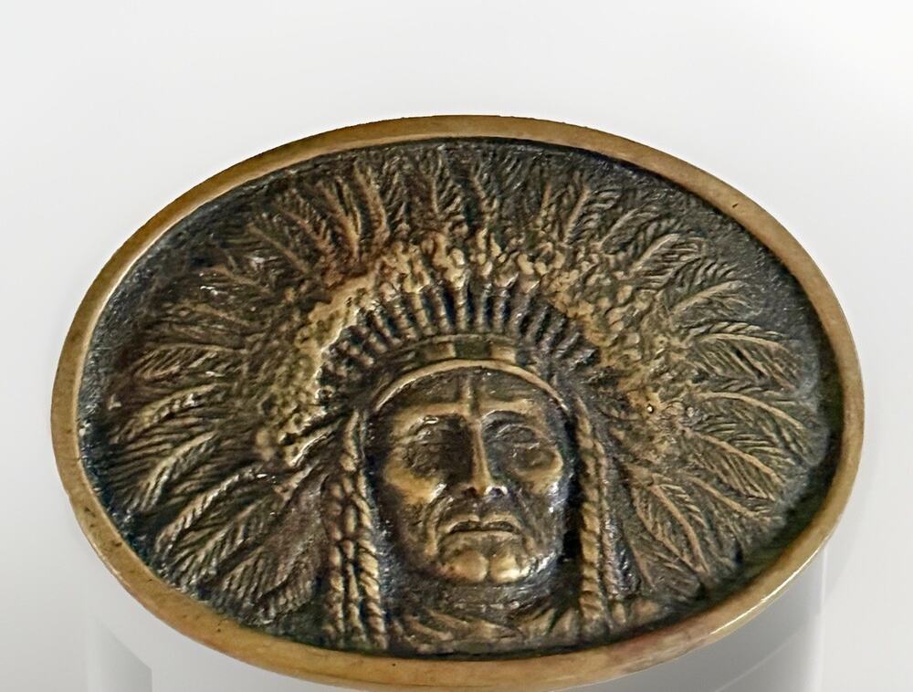 Vintage Brass Native American Chief Belt Buckle Oval Western Southwestern Unmark